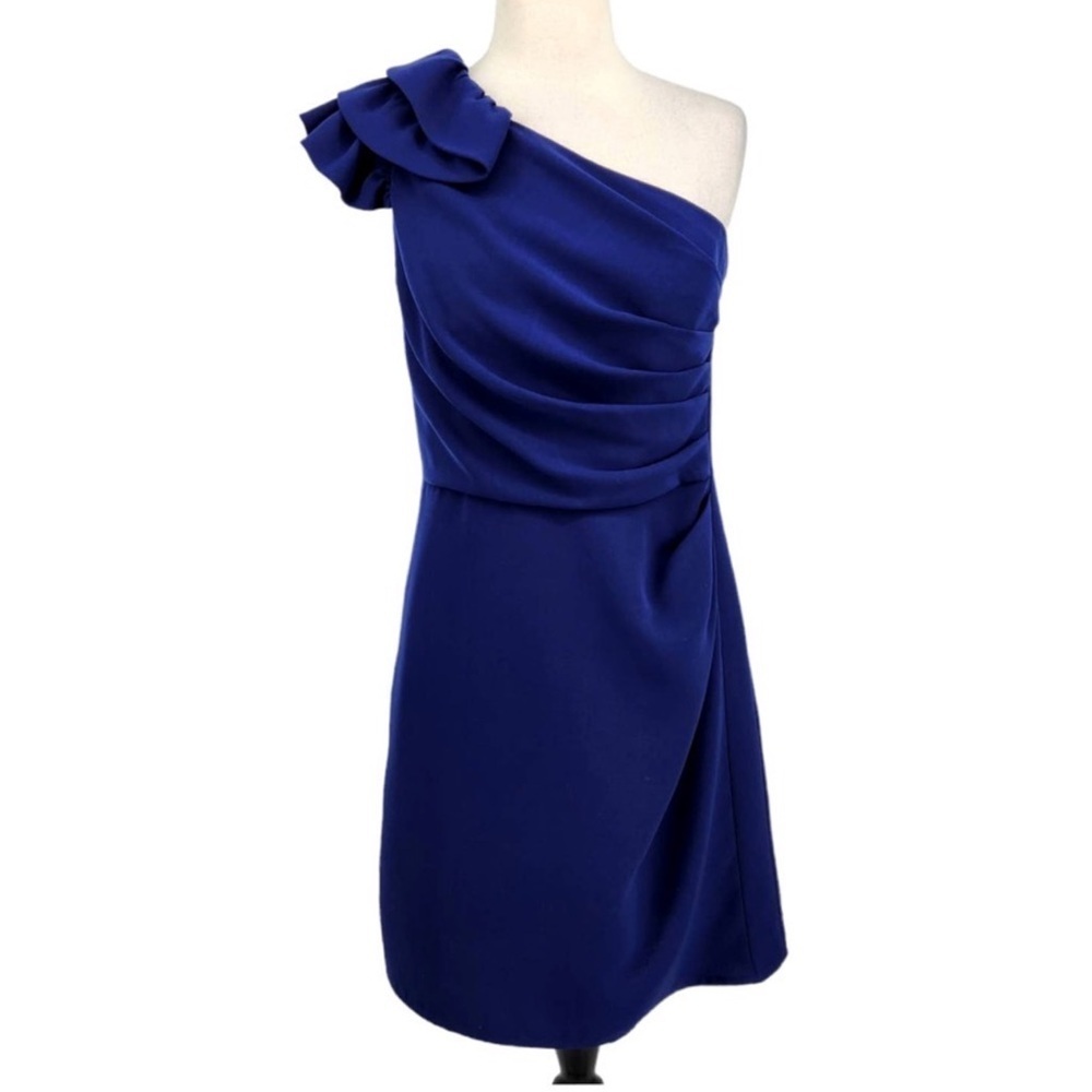 Shoshanna Stacie one shoulder ruffle cinched dress blue size 2 - Picture 4 of 9